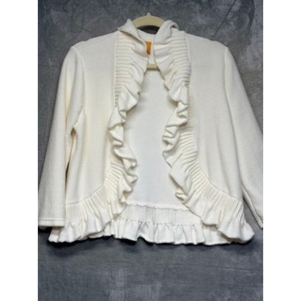 Ruby Rd Ivory Ruffle Trim Open Front Cardigan Sweater - Picture 2 of 6